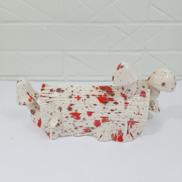 Funky 1970's Orange Speckle Ceramic Log with Mushrooms Groovy Decor - Picture 4 of 7